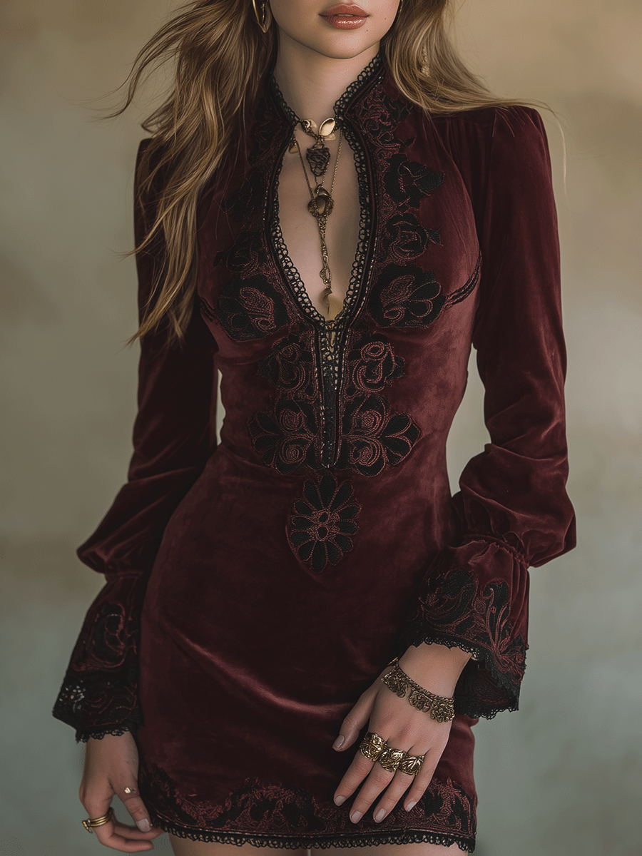 Vintage Burgundy Baroque Embroidered Velvet Deep-V Mini Dress