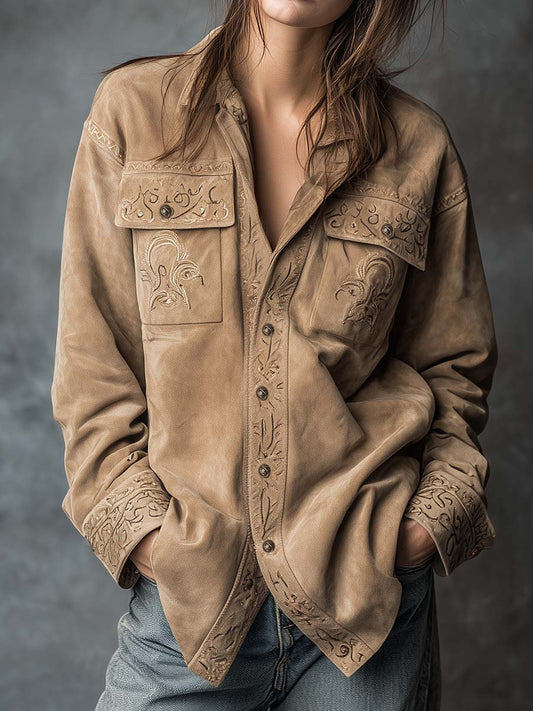 Vintage Tan Suede Embroidered Shirt