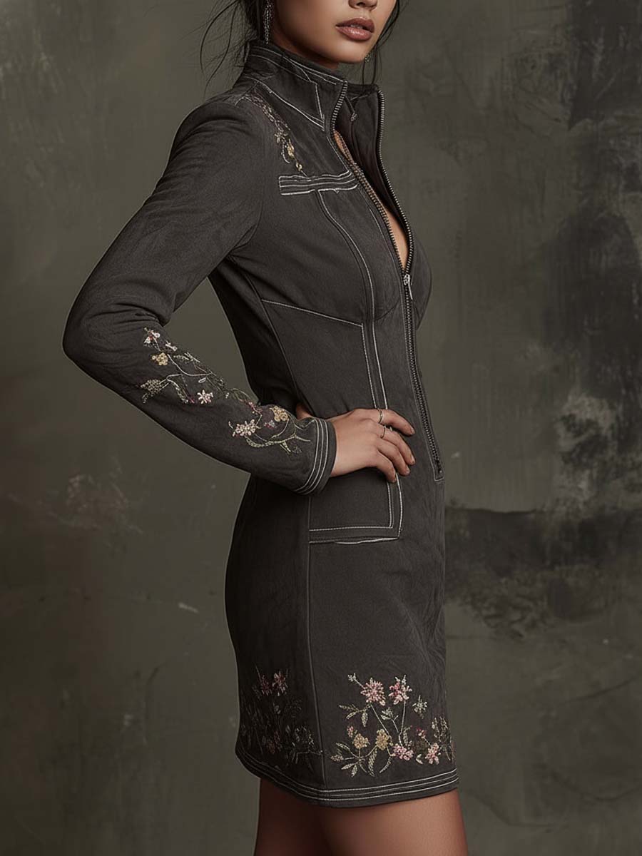 Charcoal Gray Embroidered Zip-Up Suede Mini Dress