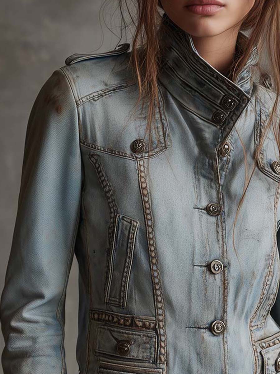 Vintage Washed Military Denim Jacket