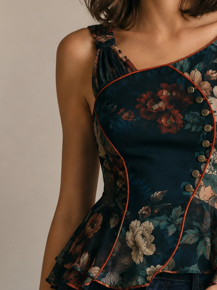 Teal Botanical One-Shoulder Peplum Blouse