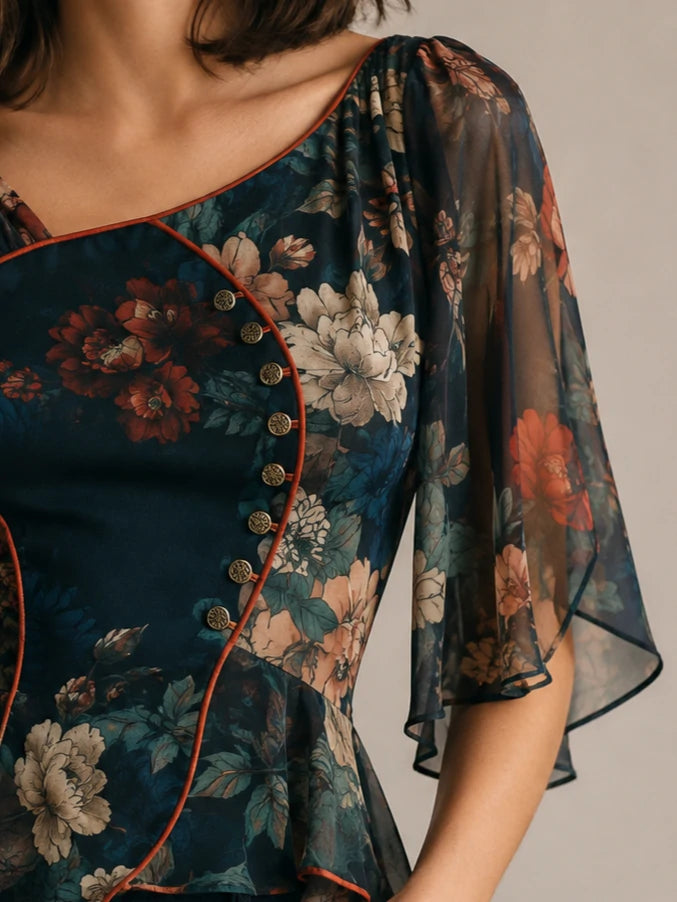 Teal Botanical One-Shoulder Peplum Blouse