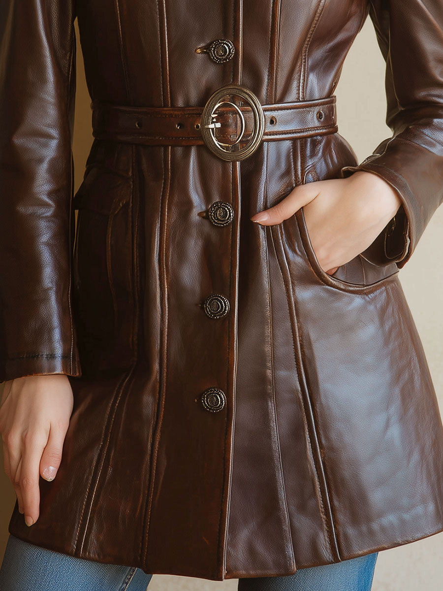 Retro Mid-length PU Jacket With Pockets And Belt