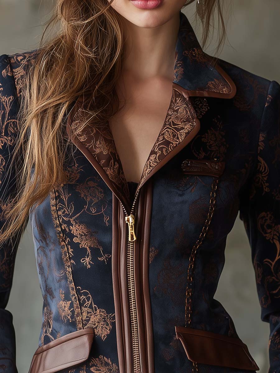 Printed Suede Fitted Jacket With Contrast Leather Trim