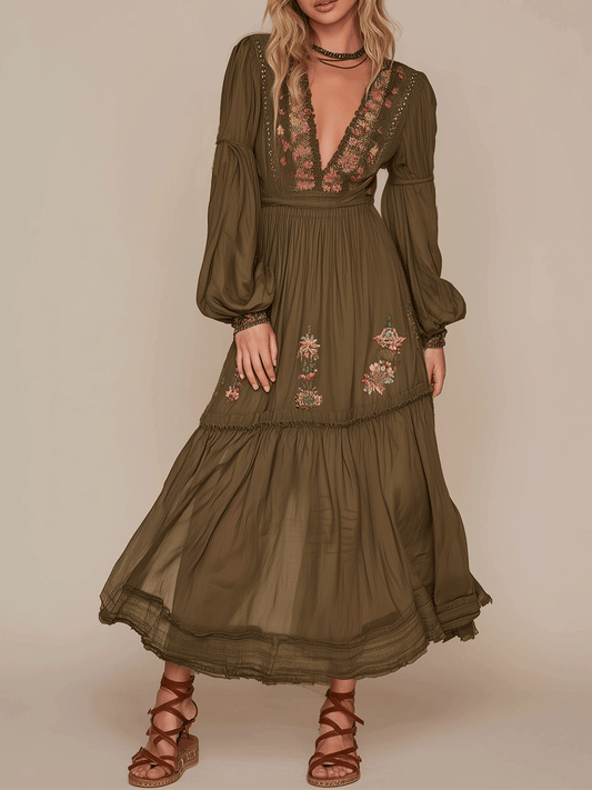 Elegance Floral Romance Olive Boho Maxi Dress