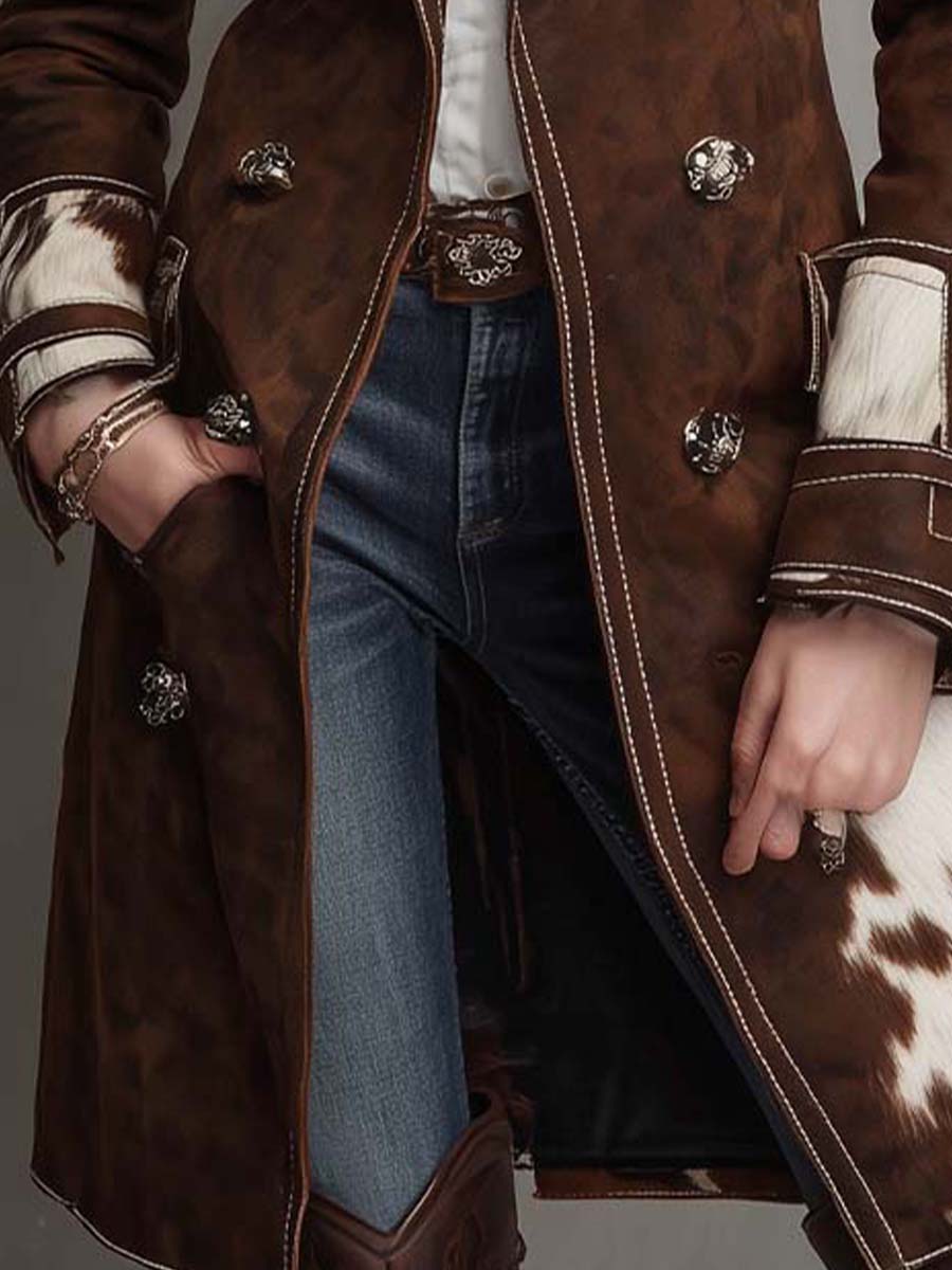 Cow Print Panel Faux Suede Long Coat