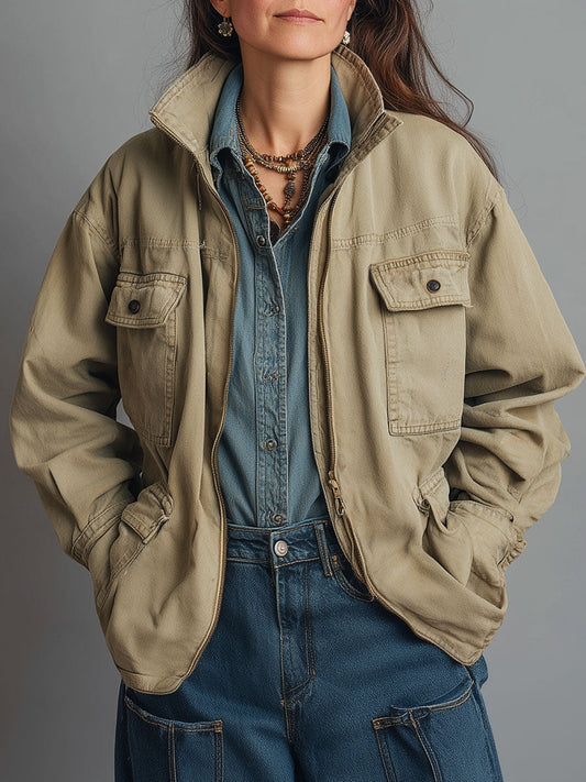 Retro High Collar Front Zip Cargo Pocket Jacket