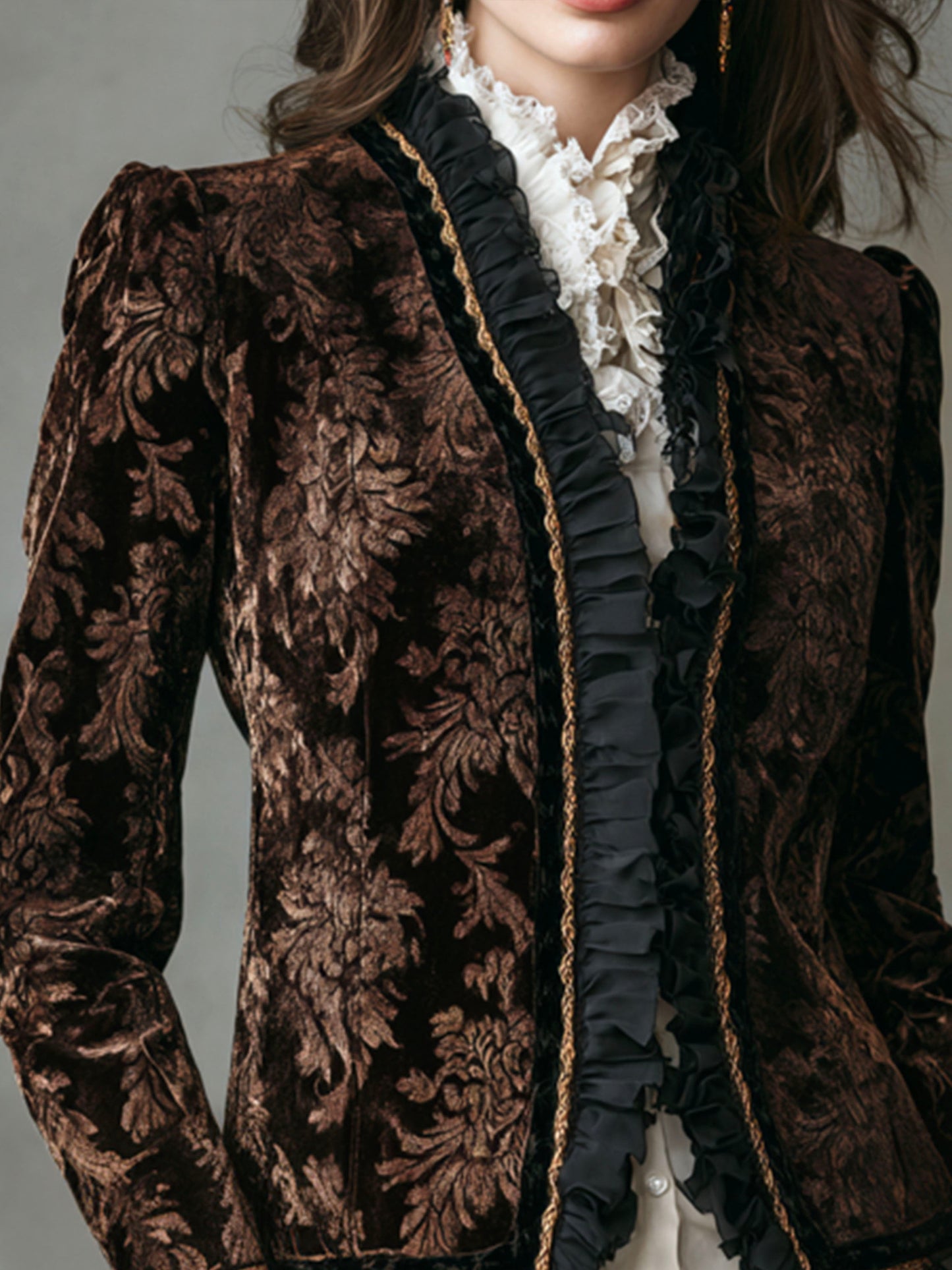 Vintage Ruffled Trim Baroque Brown Velvet Print Jacket