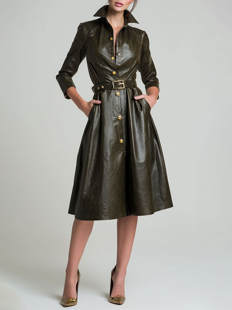 Elegant Olive Eco Leather Fit-and-Flare Midi Shirt Dress