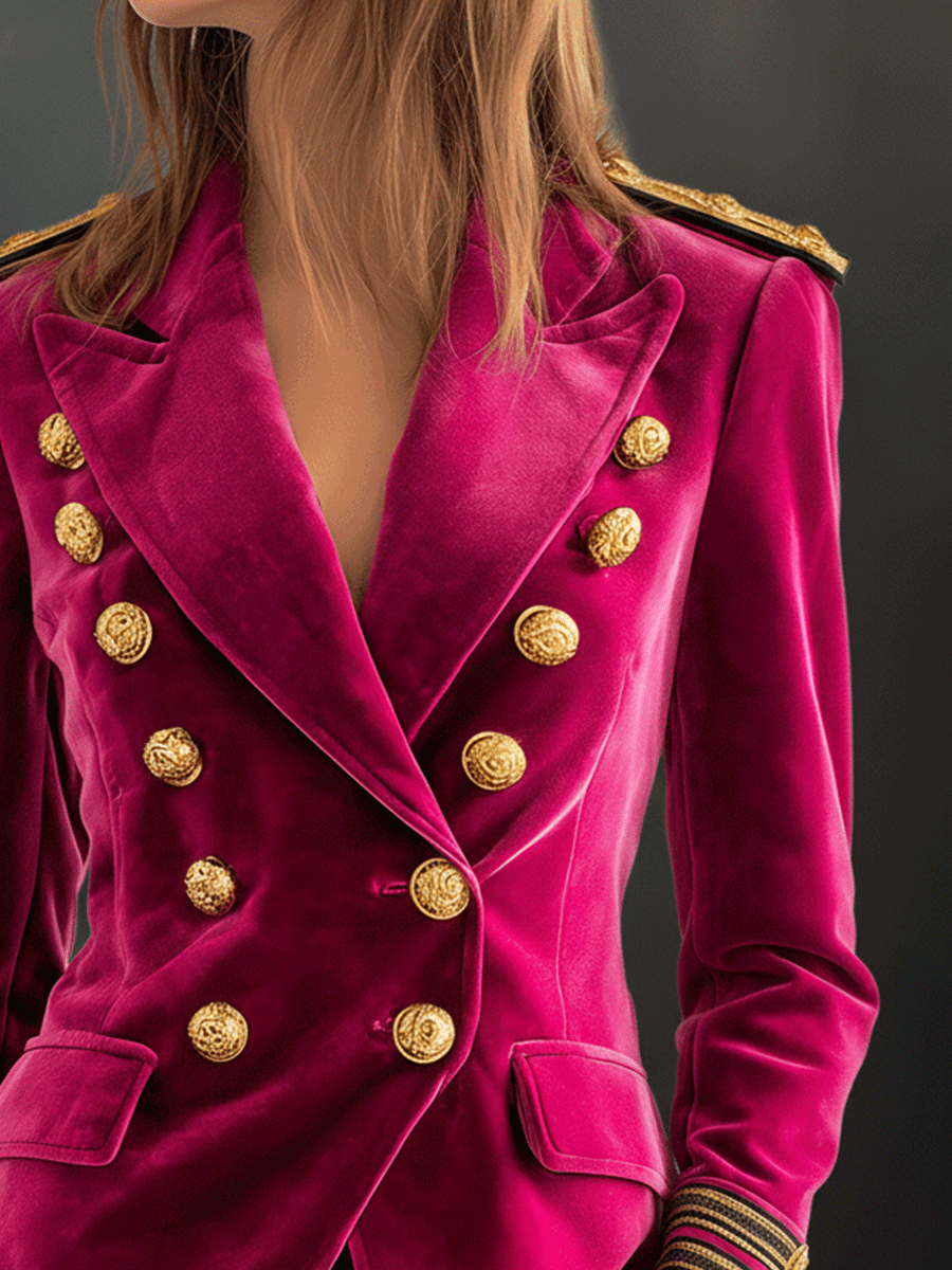 Bohemian Luxe Double-Breasted Velvet Deep Fuchsia Jacket