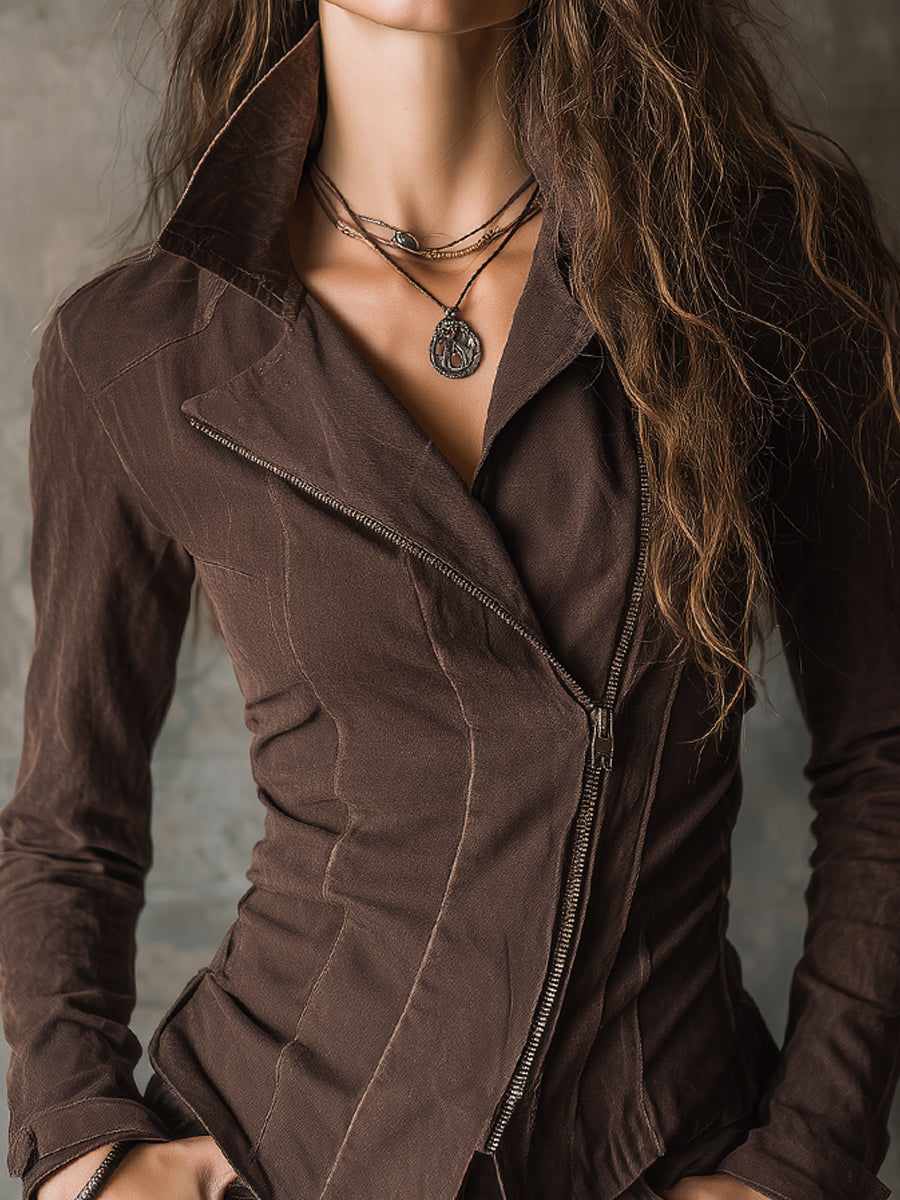 Bohemian Washed Denim Diagonal Placket Jacket