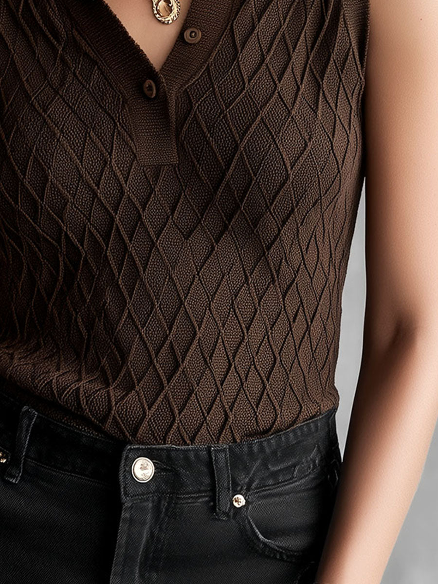 Coffee Brown Textured Diamond Pattern Sleeveless Polo Shirt