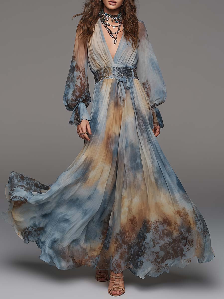 Vintage Tie-Dye Print Balloon Sleeves Flowy Maxi Dress