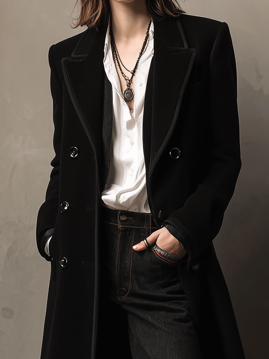 Classic Black Long Wool Tailored Silhouette Coat