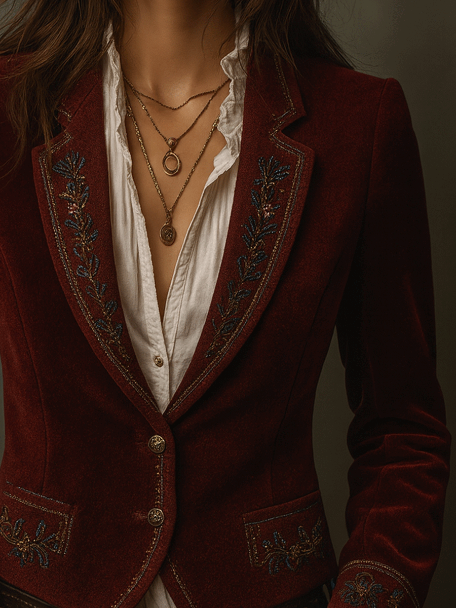 Vintage Burgundy Boho Stitching Velvet Jacket