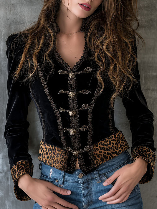 Vintage Baroque Leopard Print Trim Black Velvet Military Blazer