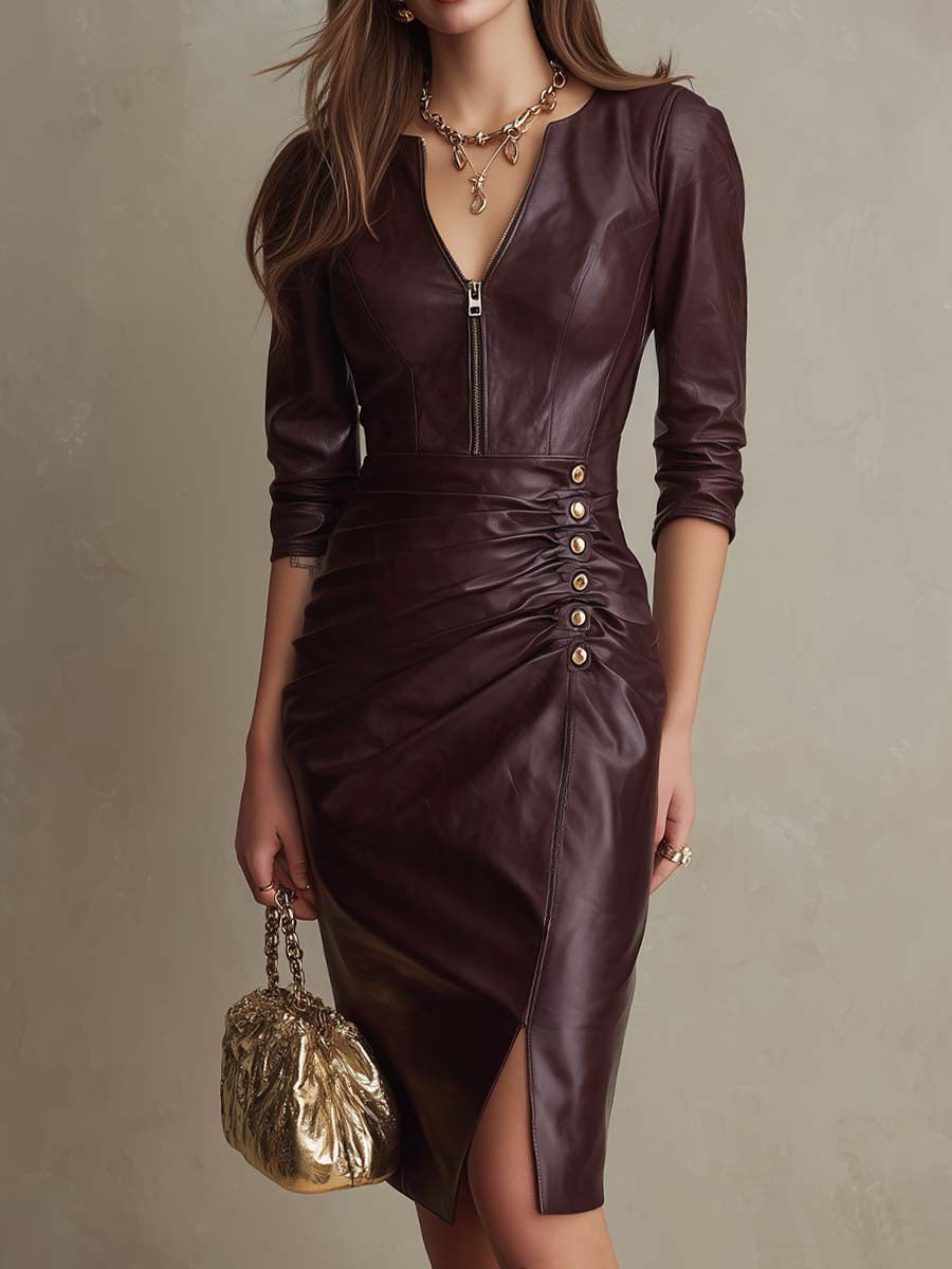 Vintage Zipper Collar Metal Buttons Faux Leather Midi Dress