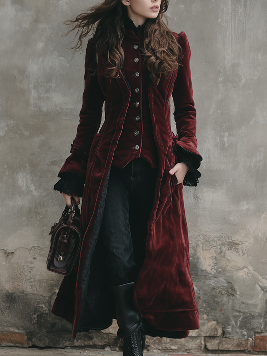 Vintage Lace Ruffle Cuffs Polyester Velvet Coat