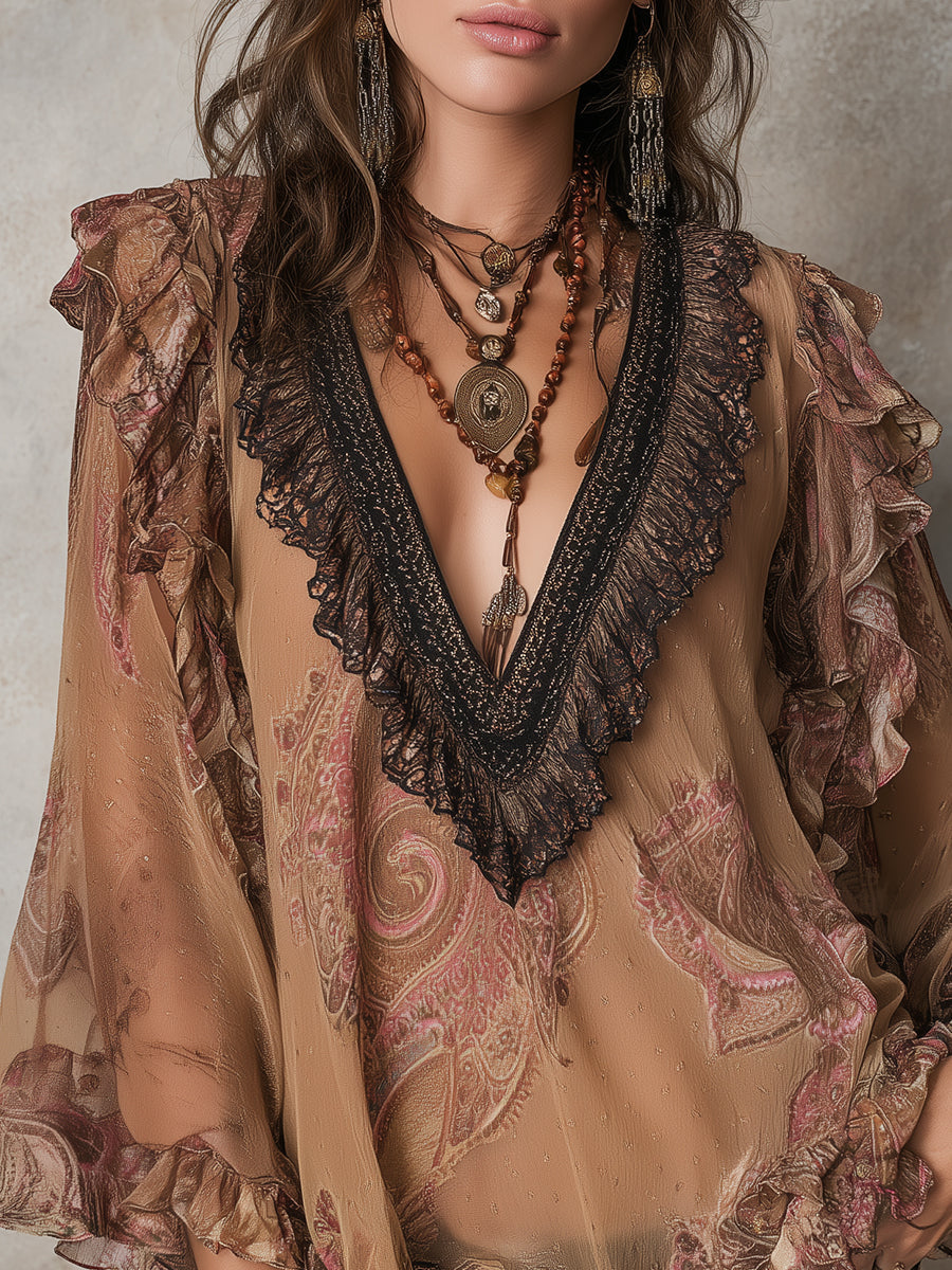 Bohemian Paisley Print Chiffon Blouse With Ruffles