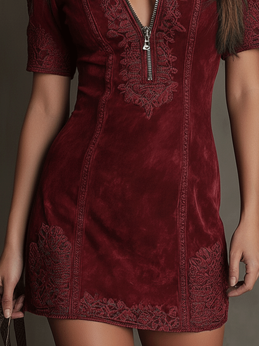 Vintage V-Neck Burgundy Suede Lace-Trim Mini Dress