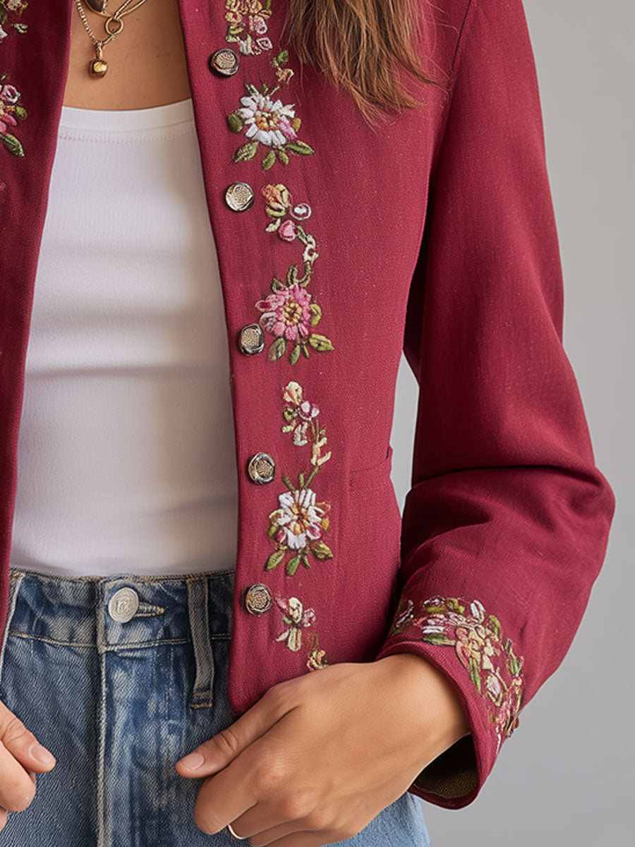 Retro Stand Collar Floral Embroidered Short Jacket