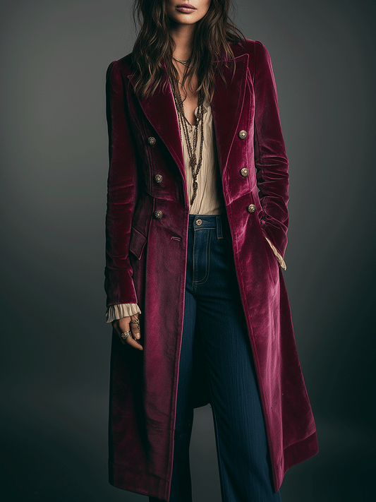 Vintage Double-Breasted Burgundy Velvet Coat