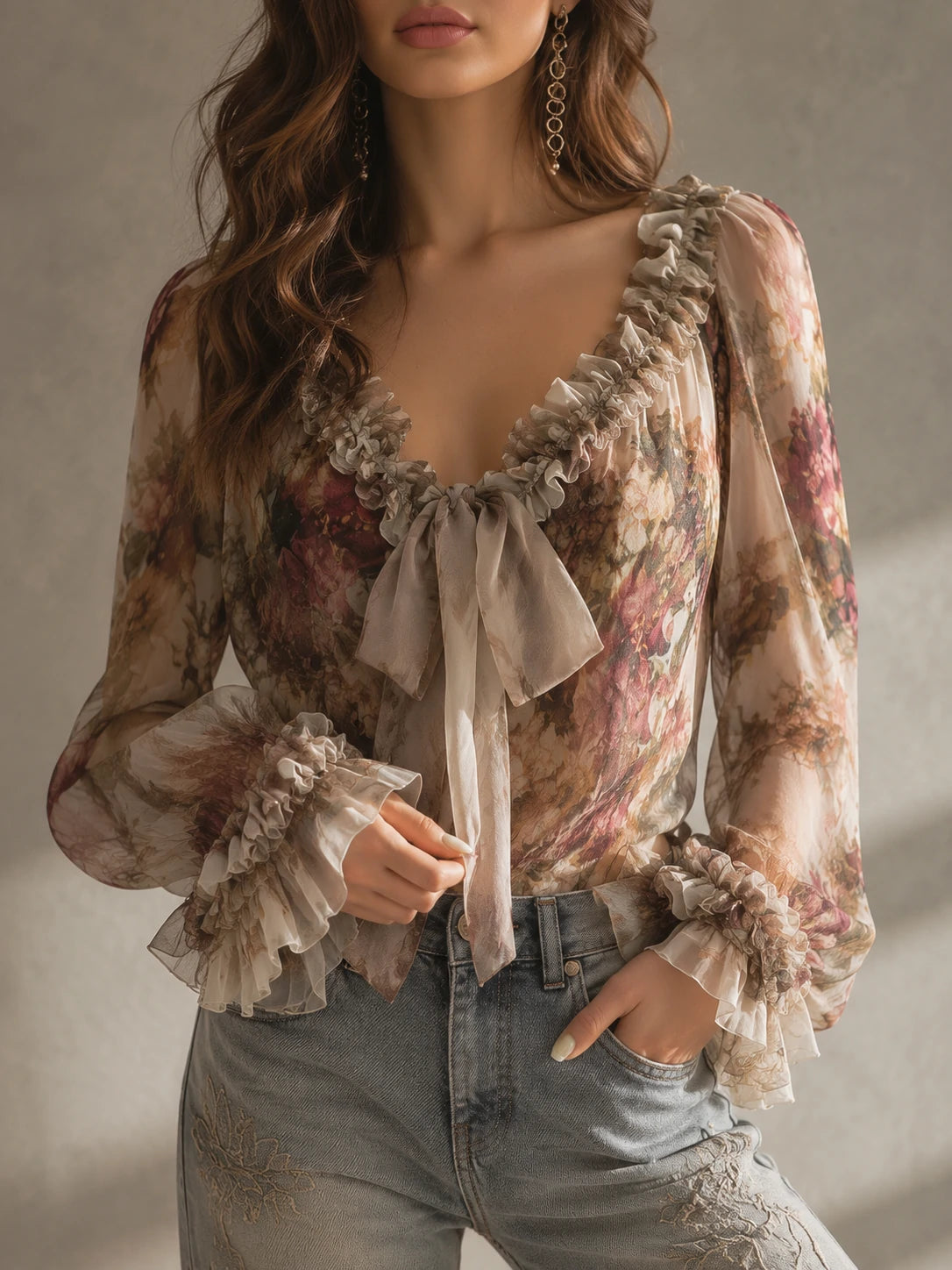 Boho Vintage Floral Tie-Front Chiffon Blouse