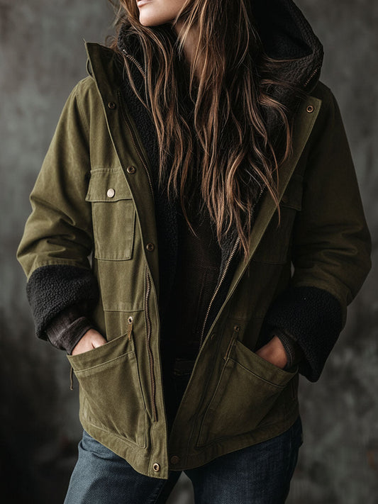 Army Green Microsuede Fleece-Lined Hooded Utility Jacket