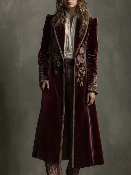 Quiet Luxury Velvet Embroidered Webbing Mid-length Coat