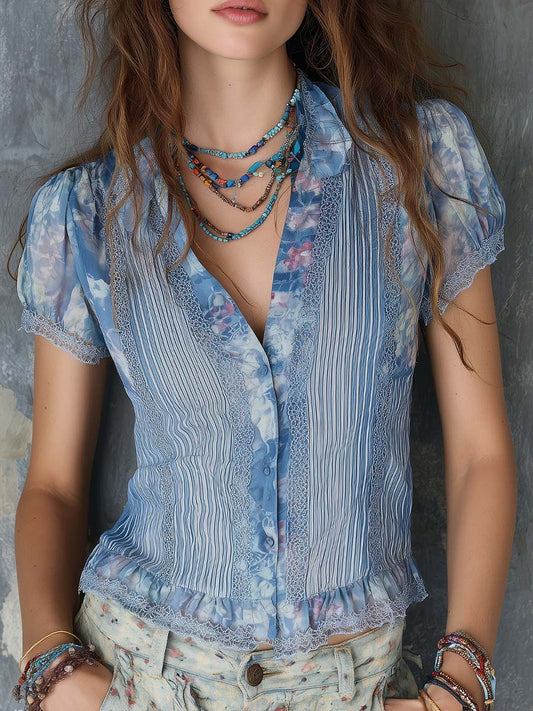 Soft Vintage Pleated Chiffon Lace Trim Blouse