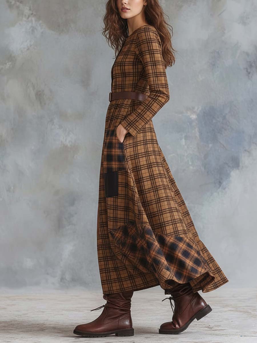 Sudan Brown Printed Suede-Effect Plaid Maxi Dress