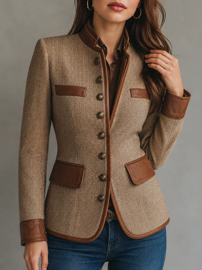 Vintage Eco-Leather Trim Pocket Tweed Jacket