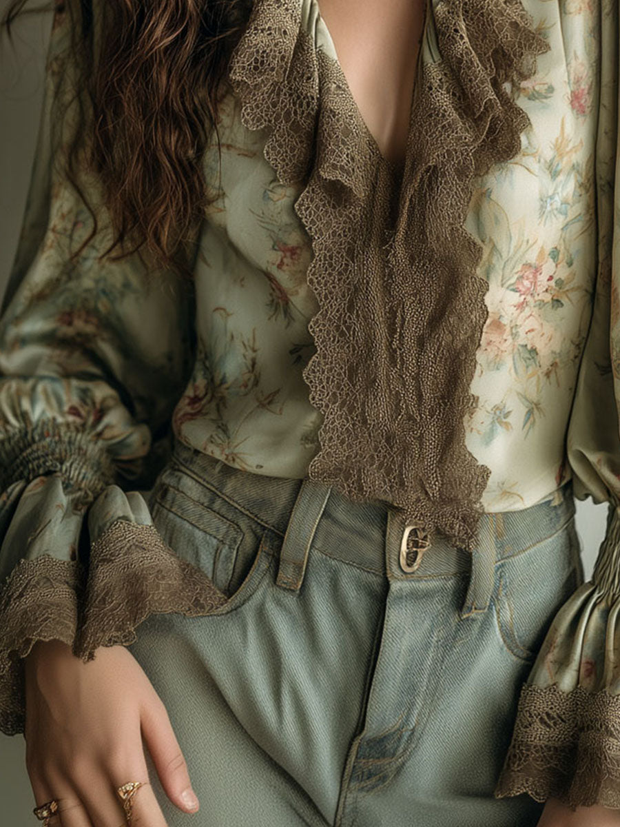 Vintage Lace Ruffle Trim Floral Chiffon Blouse With Smocked Cuffs