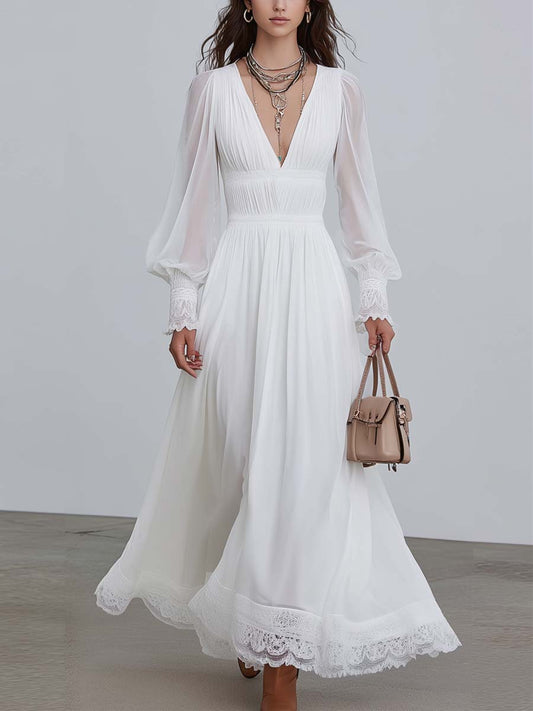 Vintage Lace Trim Sheer Sleeves Maxi Dress