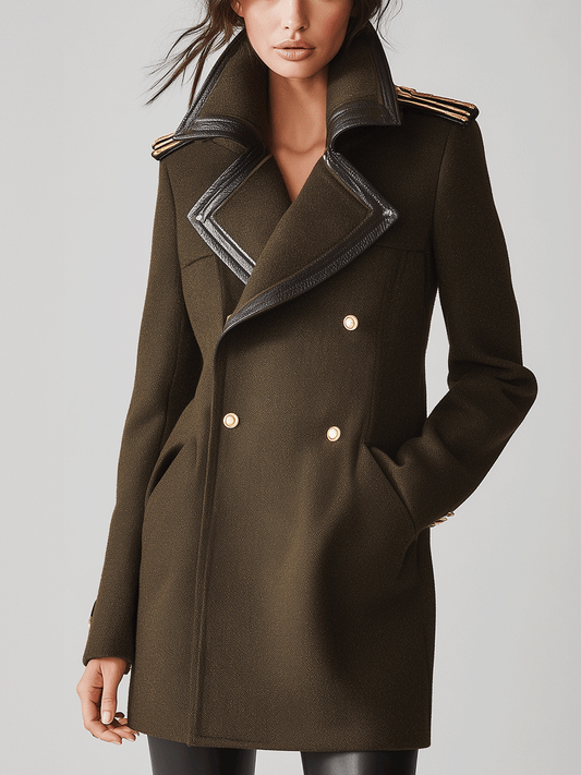 Elegant Olive Green Military-Style Gold Buttons And A Leather Lapel Coat