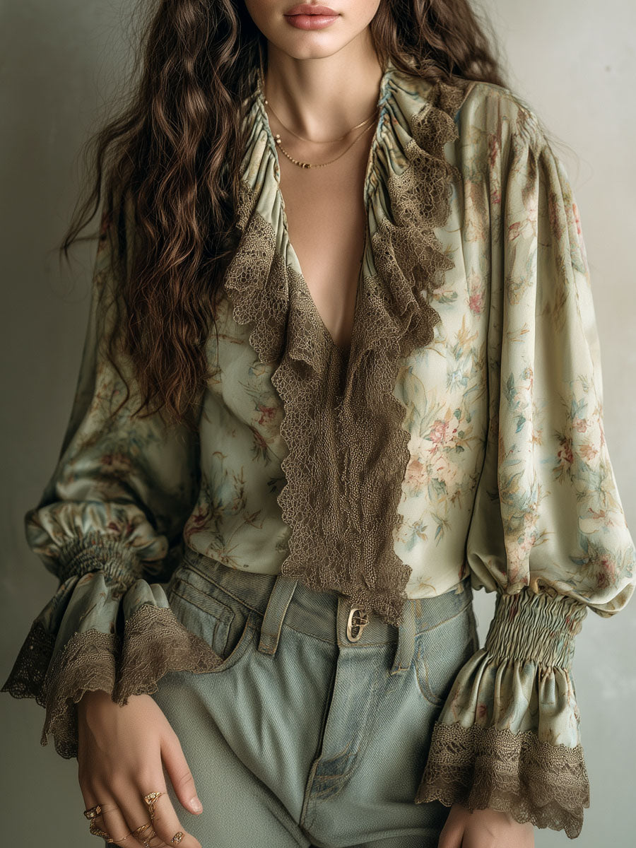 Vintage Lace Ruffle Trim Floral Chiffon Blouse With Smocked Cuffs