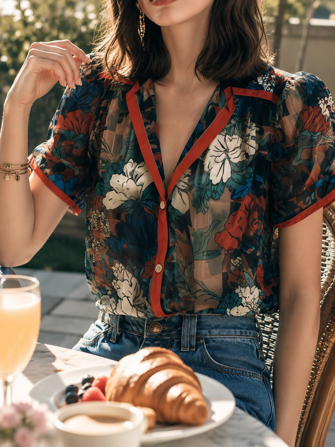 Vintage Sheer Floral Blouse — Contrast Trim Gathered Sleeve Top