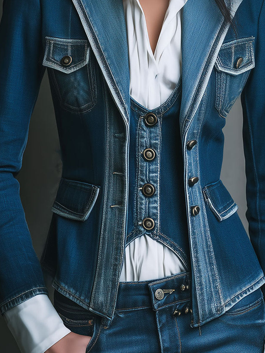 Vintage Washed Denim Tailored Blazer With Pockets