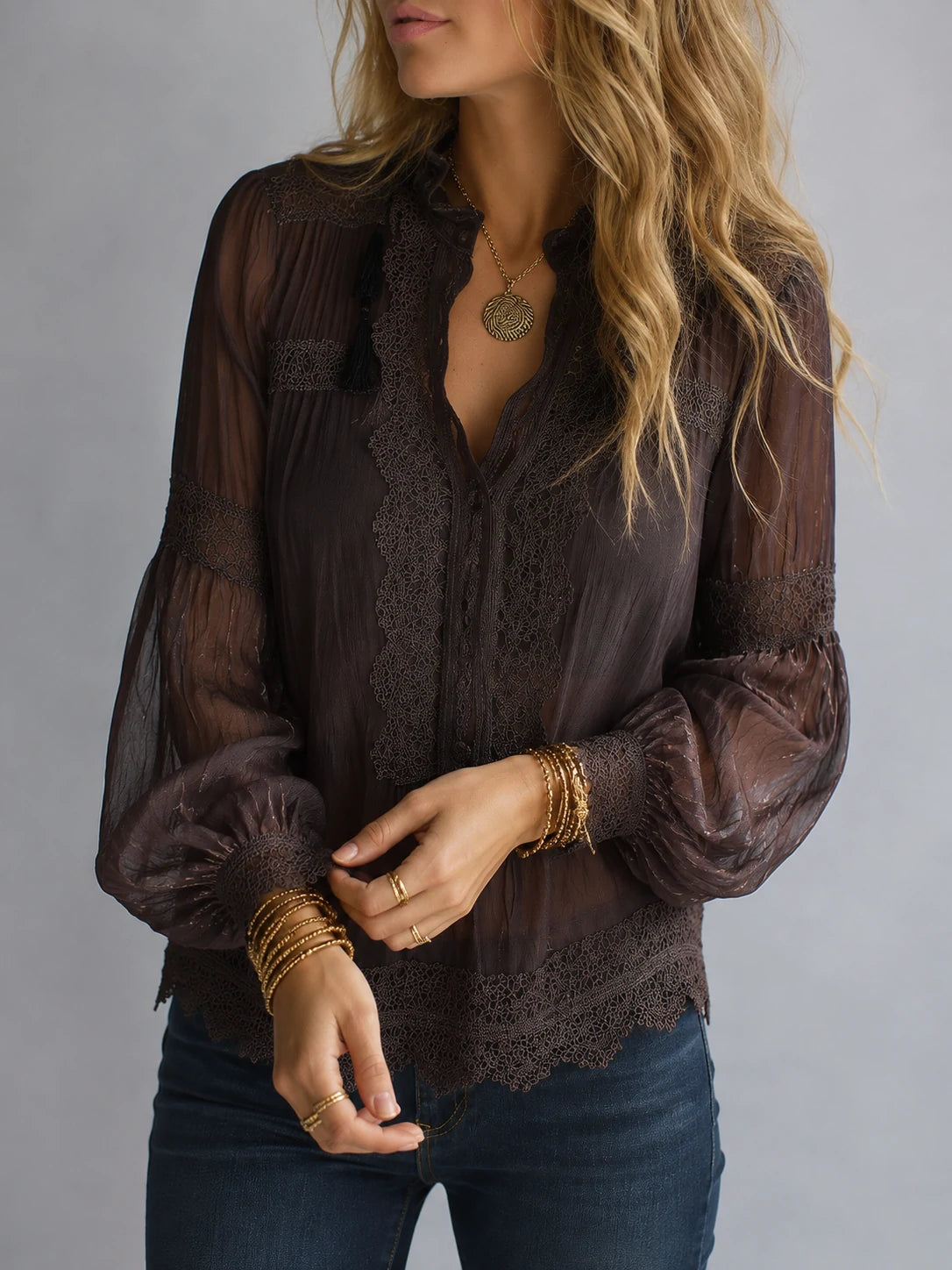 Vintage-Inspired Sheer Bohemian Lace Blouse