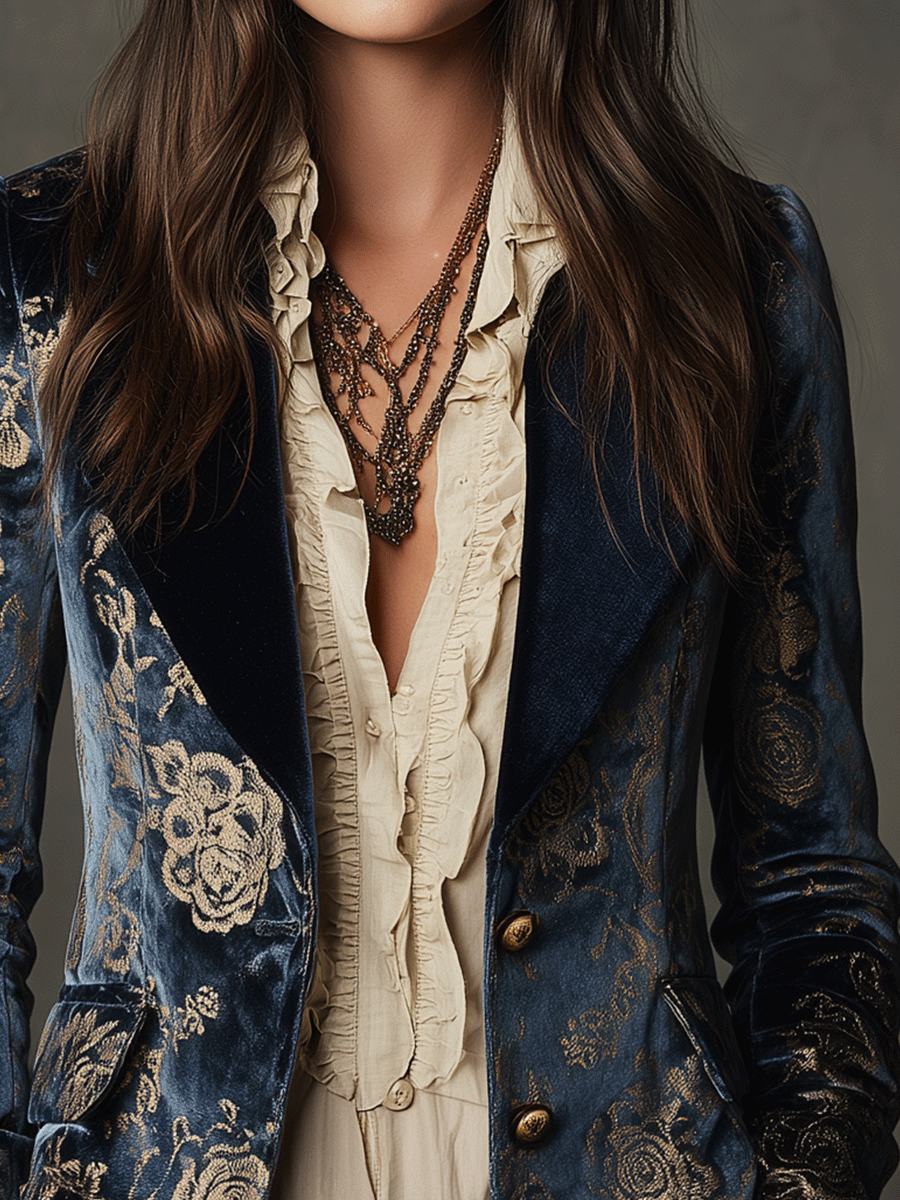 Baroque-Inspired Navy Velvet Floral Blazer
