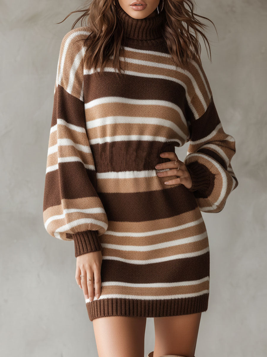 Chic Striped Knit Turtleneck Sweater Dress With Balloon Sleeves