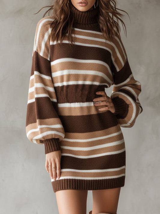 Chic Striped Knit Turtleneck Sweater Dress With Balloon Sleeves