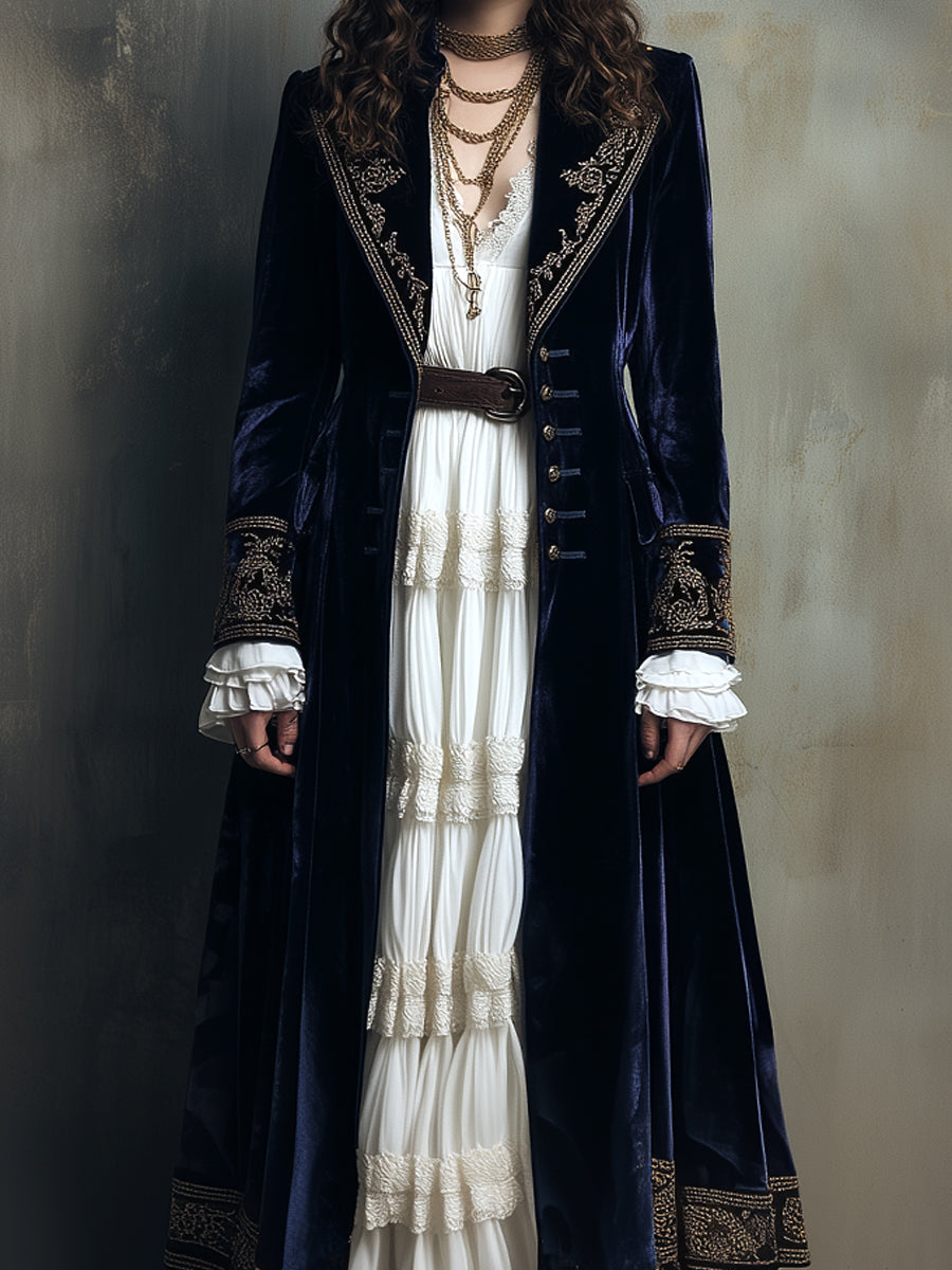 Vintage Luxury Polyester Velvet Embroidered Long Coat