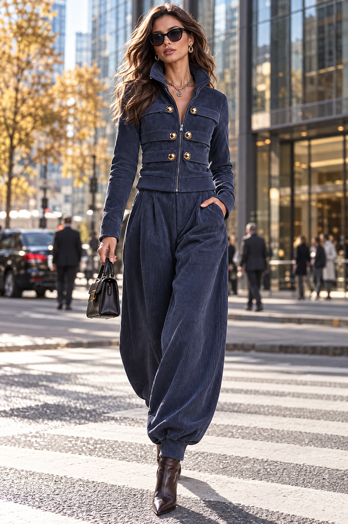 Ribbed Corduroy Zip-Up Jacket & Balloon Jogger Pants Two-Piece Set