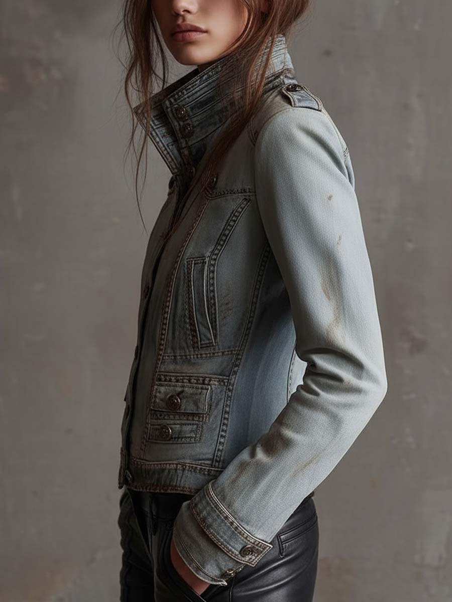 Vintage Washed Military Denim Jacket