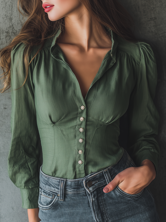 Retro V-Neck Slim Fit Cotton Linen Long-sleeved Blouse