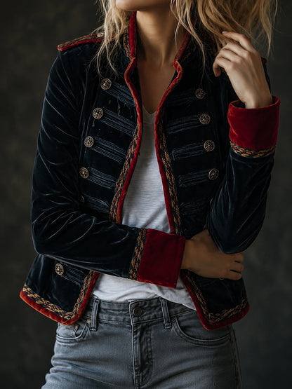Retro Chic Velvet Military Style Double-Breasted Jacket