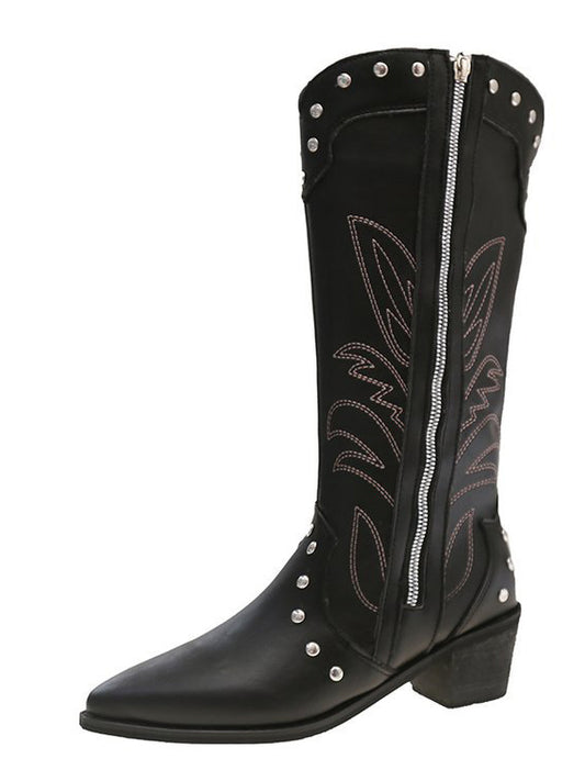 Retro Pointed Toe Thick Heel Western Cowboy Boots Side Zipper Rivet Embroidery V-neck High-top Knight Boots