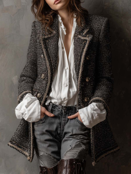 Vintage Tweed Double-Breasted Blazer – Parisian Noir