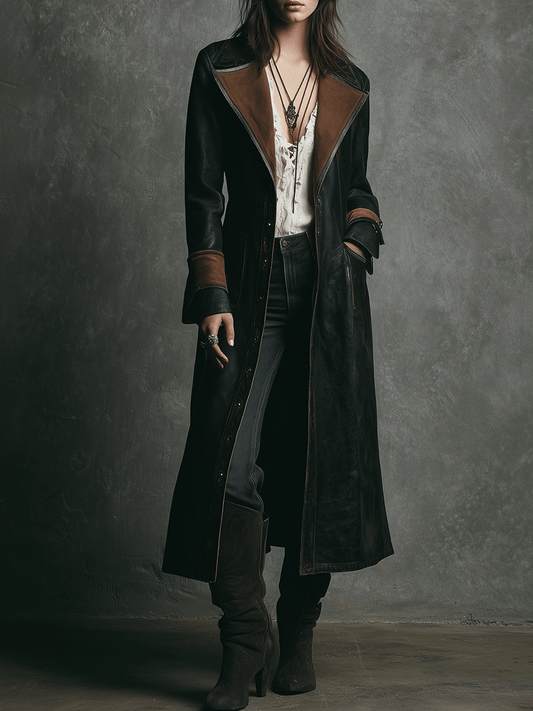 Vintage Brown Contrast Lapel Leather Trench Coat